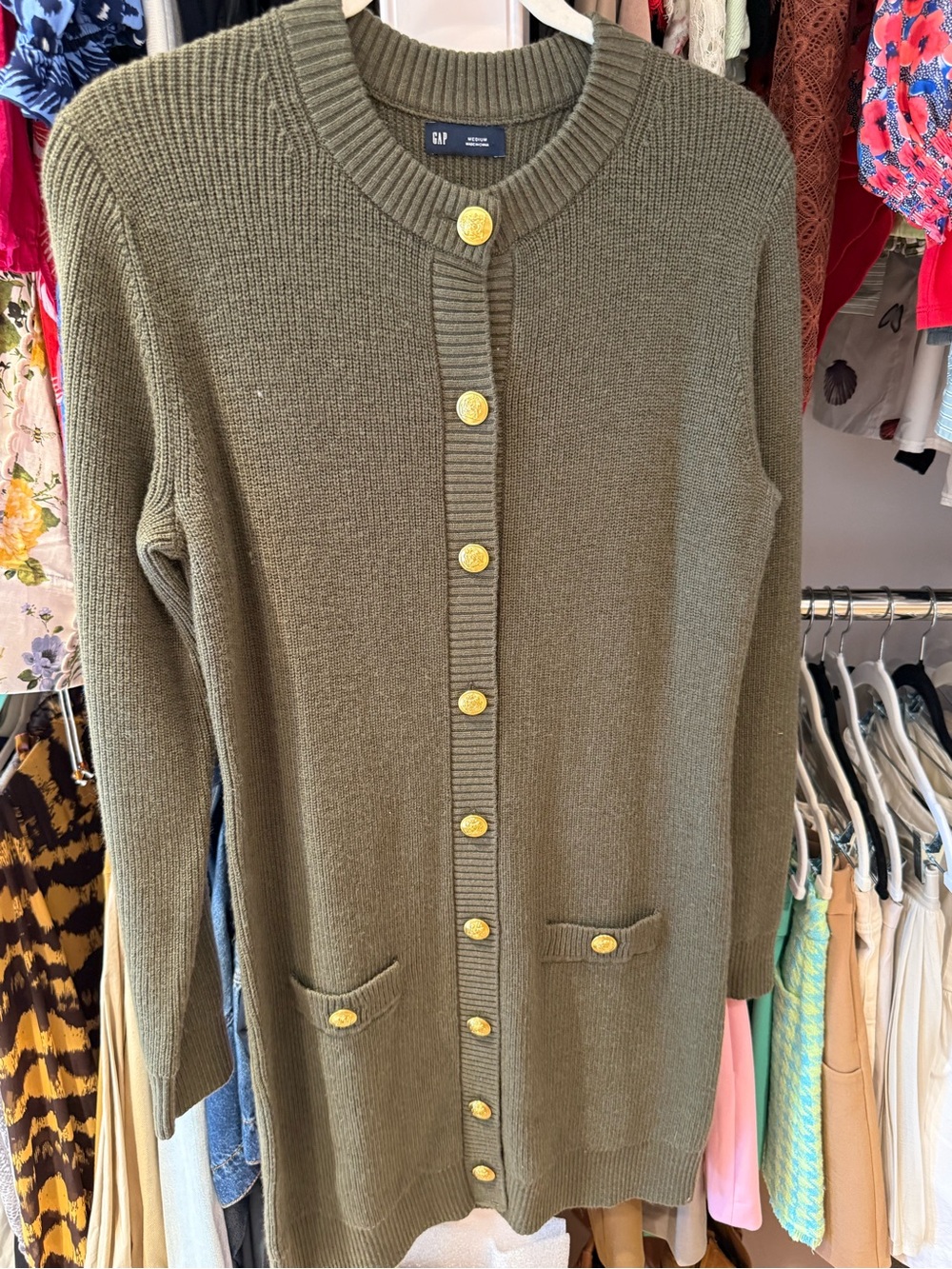 GAP Olive Green Long Button-Front Knit Cardigan with Gold Buttons